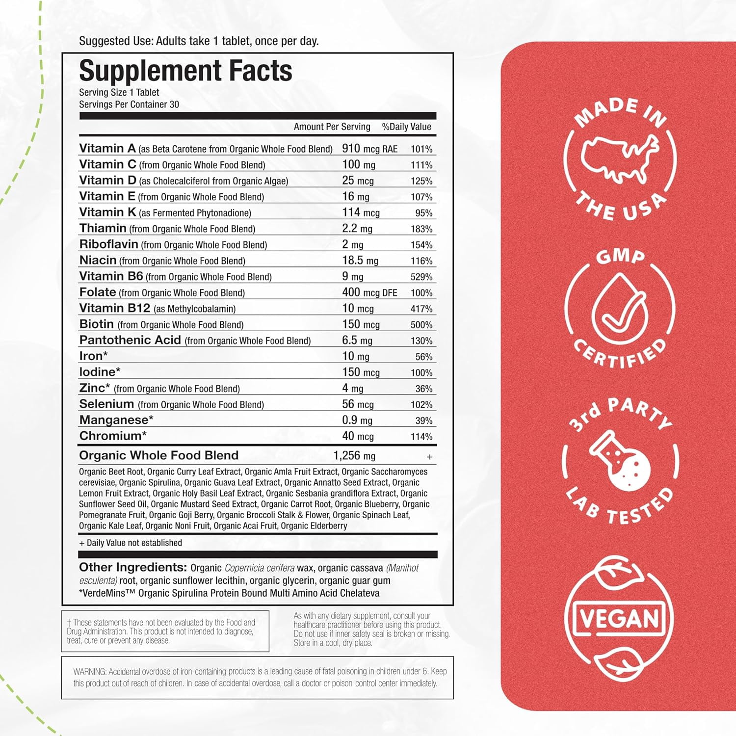 Mama Natural Organic Women's Multivitamin – Whole Food Based, 1 A Day Vegan Tablet – USDA Organic, Non-GMO, Clean Label Multivitamin for Women – 30 Day Supply with Iron & Methylated B12