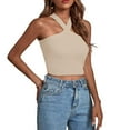 thumbnail image 4 of YYDGH Women's Criss Cross Halter Crop Top Ribbed Knit Fitting Tank Top Solid Color Sleeveless Tee Shirt Summmer Tops Beige XL, 4 of 8