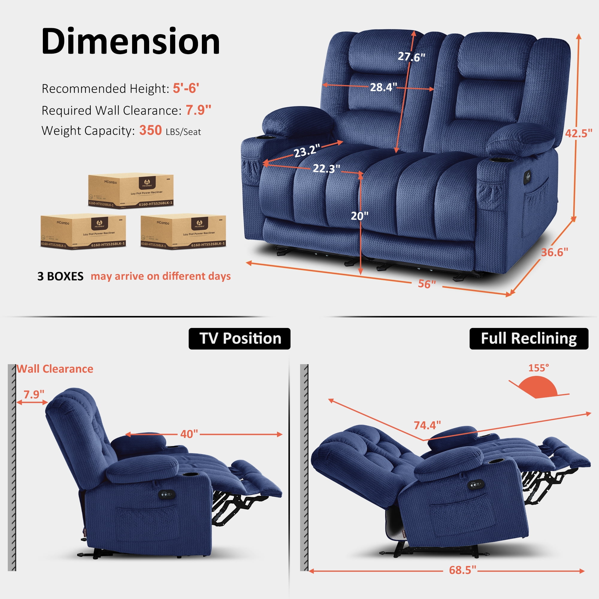 MCombo 55.9" Power Loveseat Recliner Sofa with Heat and Massage for Living Room, Fabric(Navy Blue)