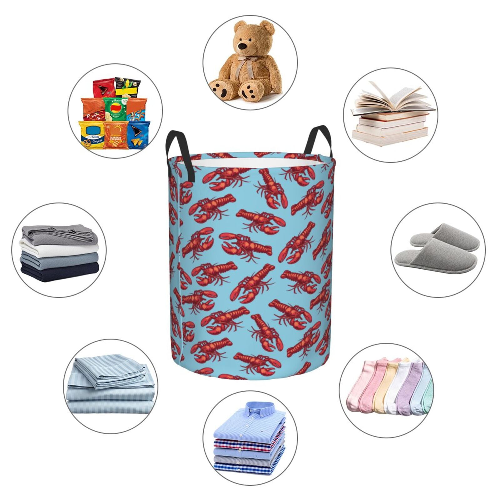 Large Laundry Basket with Handles - Red Lobster Print Blue Kids Baby Dirty Clothes Laundry Hamper for Bedroom Aesthetic