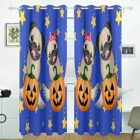 POPCreation Halloween Pug Dogs With Pumpkins Window Curtain Blackout Curtains Darkening Thermal Blind Curtain for Bedroom Living Room,2 Panel (52Wx84L Inches)