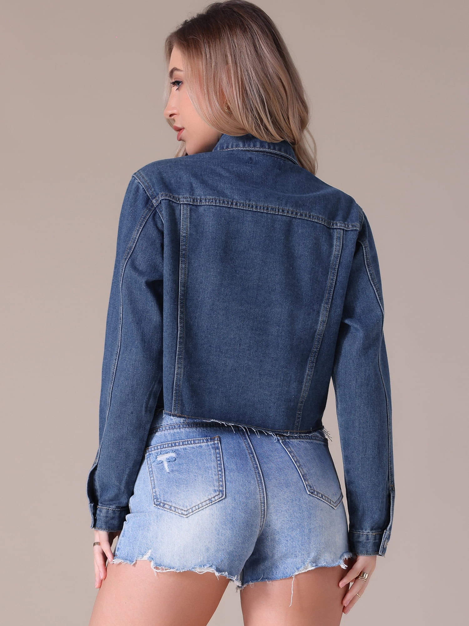 Unique Bargains Women's Cropped Washed Lightweight Frayed Hem Denim Jacket S Blue