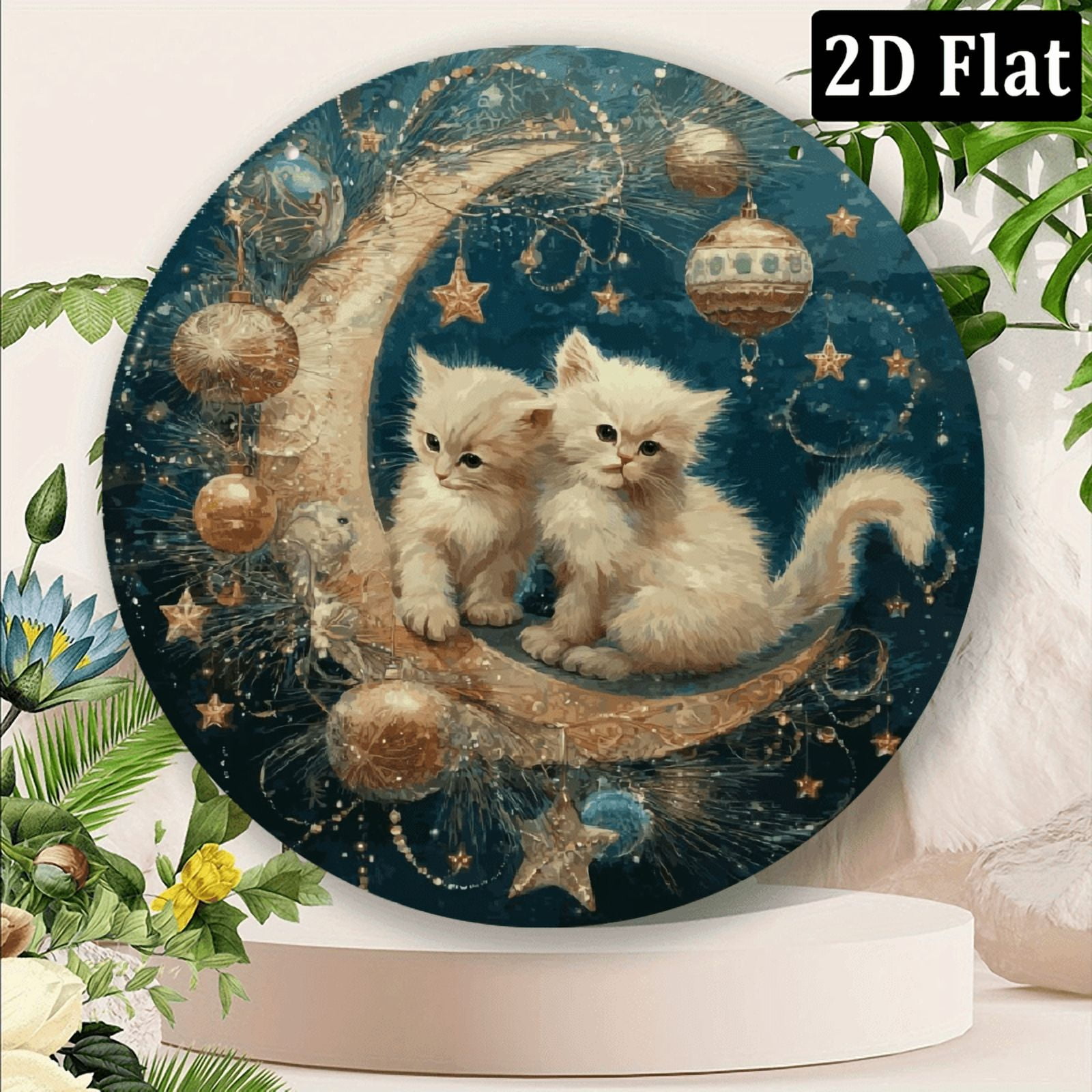 2D Flat, 1pc 8x8inch Aluminum Munchkin Cat Guardian Christmas Metal Sign - Inch Round Aluminum Wall Art, Festive Moon Decor for Home, Kitchen, Garden, Bedroom, Office - Vintage Style