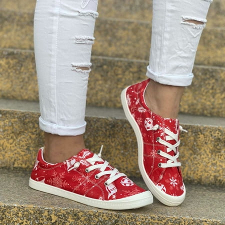 

ERTUTUYI Fashion Autumn And Winter Women Casual Shoes Round Toe Flat Bottom Non Slip Comfortable Lace Up Christmas Print Red 38