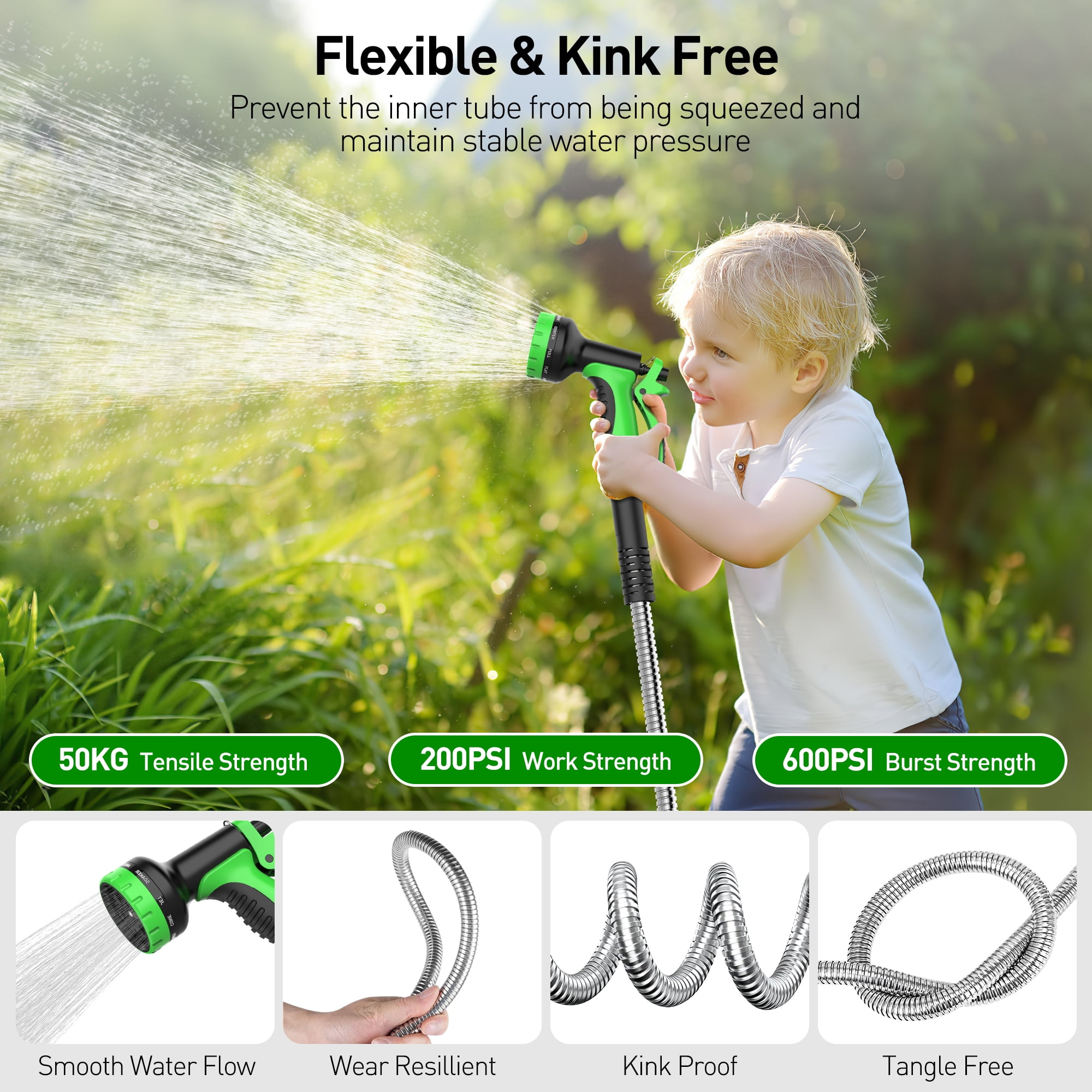50ft Garden Hose, Metal Stainless Steel Water Hose w/ 10 Functional Nozzles & 3/4 inch Brass Fittings, Flexible, Kink&Tangle Free, Puncture Resistant, Heavy Duty Water Pipe for Yard&Outdoor(Sliver)
