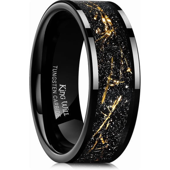 King Will 8mm Tungsten Carbide Ring for Men Black Wedding Band Sandstone Gold Foil Inlay High Polished Pipe Cut Edge Comfort Fit Size 10