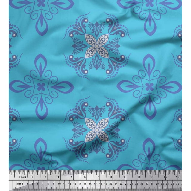 Soimoi Satin Silk Fabric Damask Ethnic Printed Fabric 1 Yard 42 Inch Wide