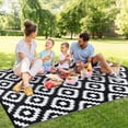 thumbnail image 4 of Funslane 9x12' Outdoor Rug, Reversible Plastic Patio Rugs with Storage Bag, Portable Modern Waterproof Outside Carpet for Camping, Balcony Deck Backyard, Black & White, 4 of 9