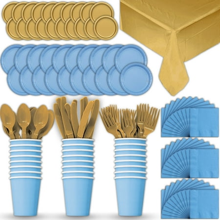 Gold Dinner Knife - Paper Tableware Set for 24 - Light Blue & Gold - Dinner and Dessert Plates, Cups, Napkins, Cutlery (Spoons, Forks, Knives), and Tablecloths - Full Two-Tone Party Supplies Pack