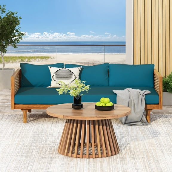 Lisonu 2-Piece Outdoor Daybed & Table Set, Solid Acacia Wood Patio Furniture with 3-Seater Daybed for Backyard Lounging, Teak Finish