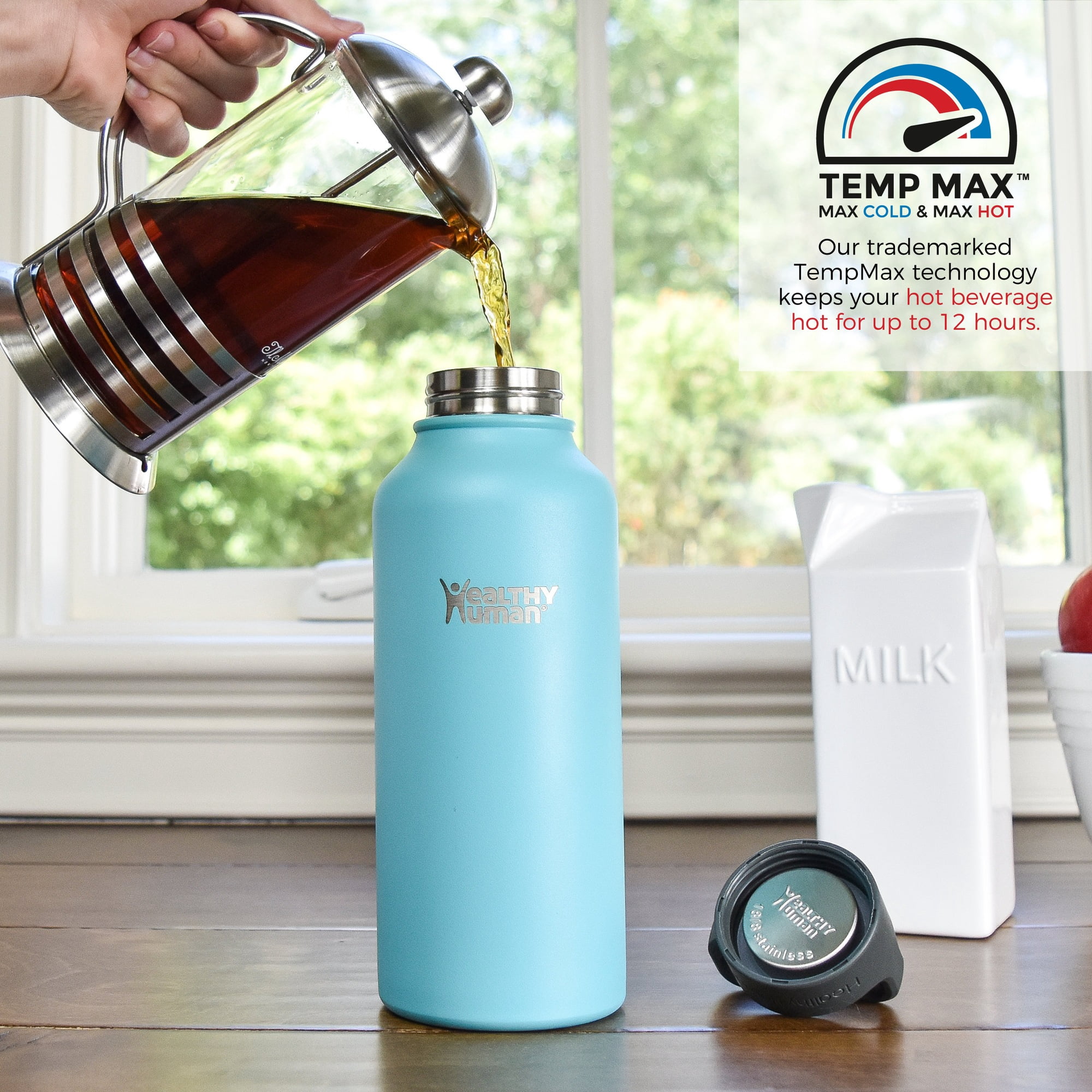 Healthy Human Stainless Steel Water Bottle | Double Walled Vacuum Insulated Water Thermos for Adults | Eco-Friendly Travel Bottles with Leak Proof Lid (Glacier, 32 oz/ 946 ML)