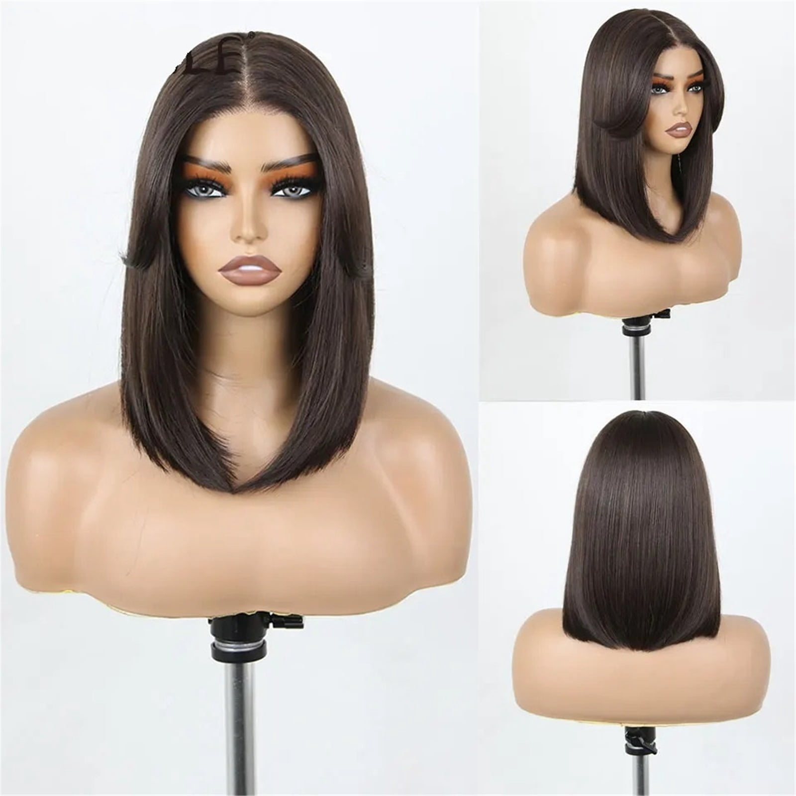 12 Inch Short Bob Synthetic Lace Wigs  with Bangs Pre Plucked Brown Blonde Wig