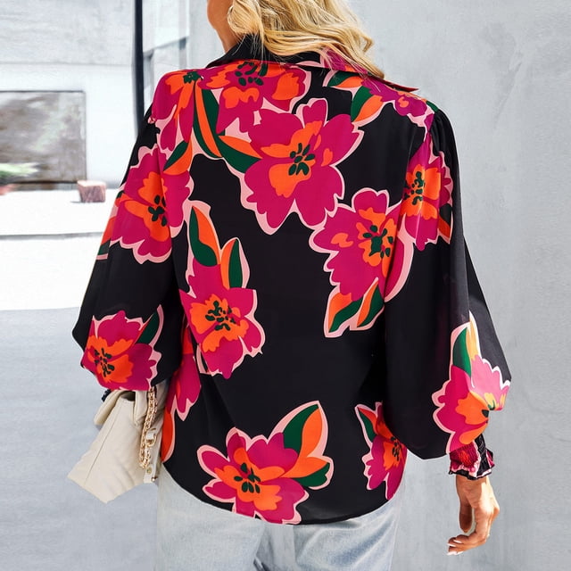 Camisa Con Botones, Mangas Farol, Puños Elásticos Sueltos, Camisa De Manga Larga Con Estampado De Mujer, Amigable Con La Piel Para La Vida Diaria ANGGREK Cocina, Decoración y Otros