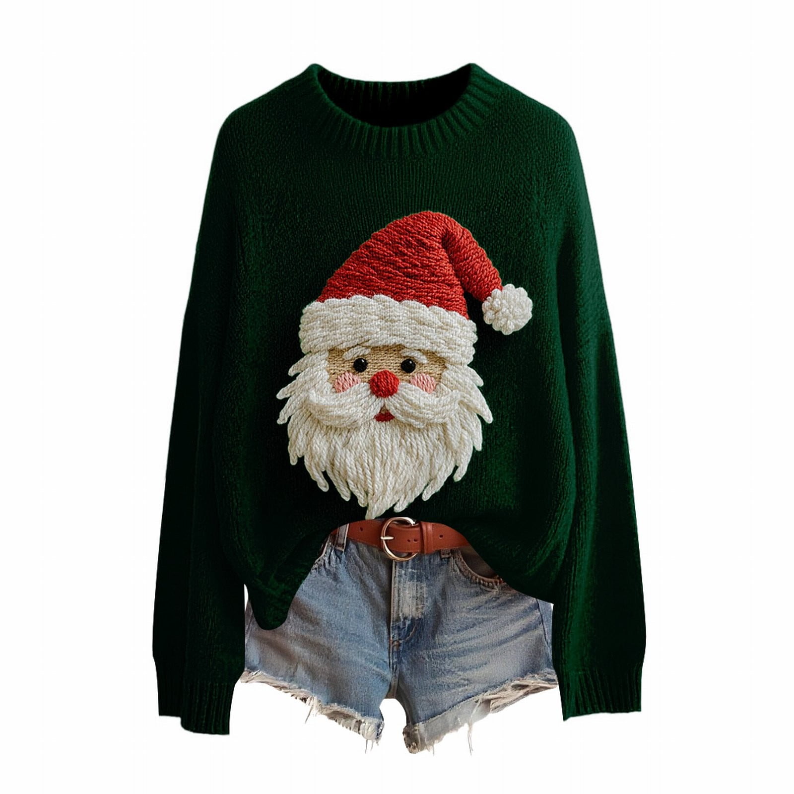BODOAO Christmas Sweater for Women Retro Cute Santa Claus Graphic Long Sleeve Knitted Crew Neck Xmas Pullover Tops Novelty Funny Creweck Knit Pullover Sweaters Holiday Party Graphic Sweatshirts
