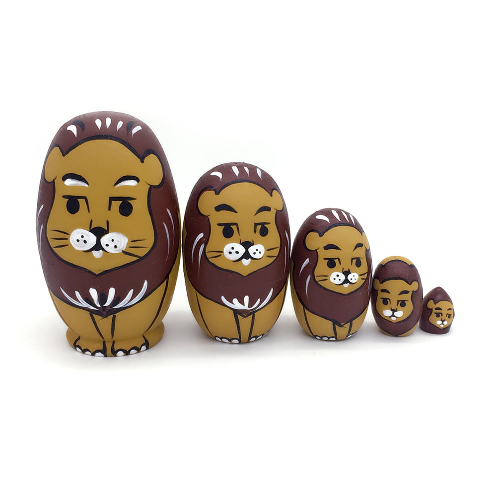GYMNASTIKA toys，5Pcs/Set Egg Shape Cute Lion Nesting Dolls Wooden Figurine  Matryoshka Kids Toy 