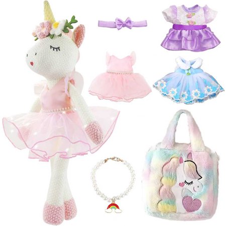 Aijohnny Unicorns Stuffed Animal Doll Toys Plush Doll with Cloth Shoe Bag Ballet Dress up Doll for Girl Birthday Gifts for 1-3 3-5 5-8 Year Old