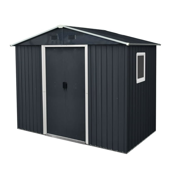 Roninkier 8x4 ft Metal Outdoor Storage Shed with Sliding Door for Backyard， Sloped Roof＆Window