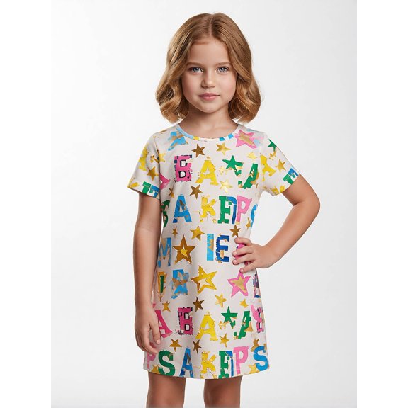 Girls Elastic Elegant Short Sleeve Sundress Comfort-Fit Crew Neck Casual Dress for Girls Age 5-13