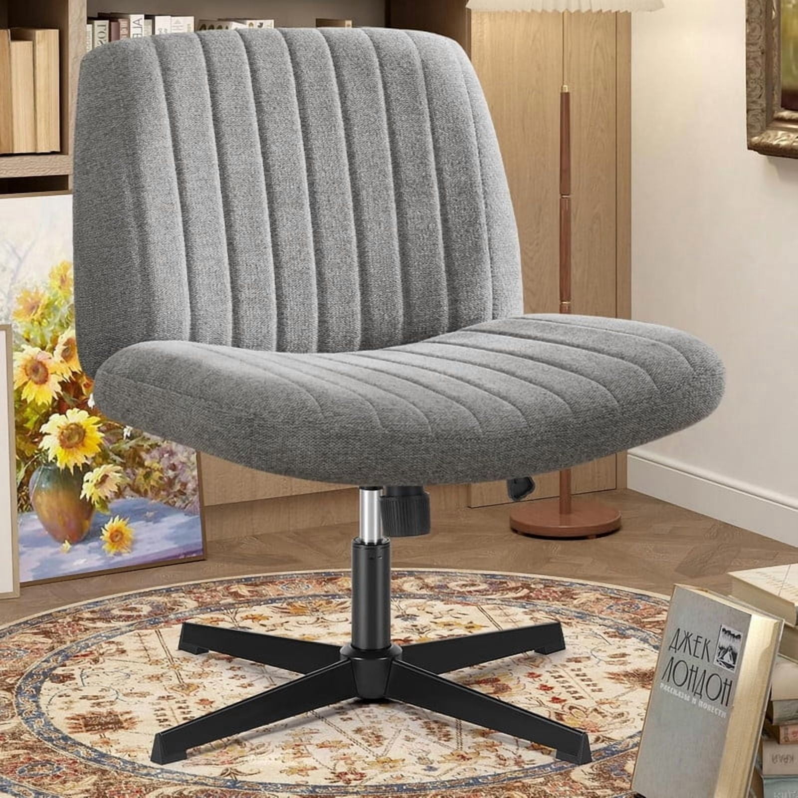 Kelno Linen Cross Legged Desk Chair Wide Seat Chair Ergonomic Height Adjustable Swivel Office Vanity Chair, Grey