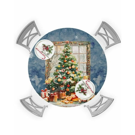 

Round Tablecloth with Elastic Christmas Blue Xmas Tree Ball Fruits Snowflake Waterproof Stain-proof Table Cover Wipeable Fitted Table Cloths for 45 -54 Round Tables Dining Kitchen Indoor Outdoor Use