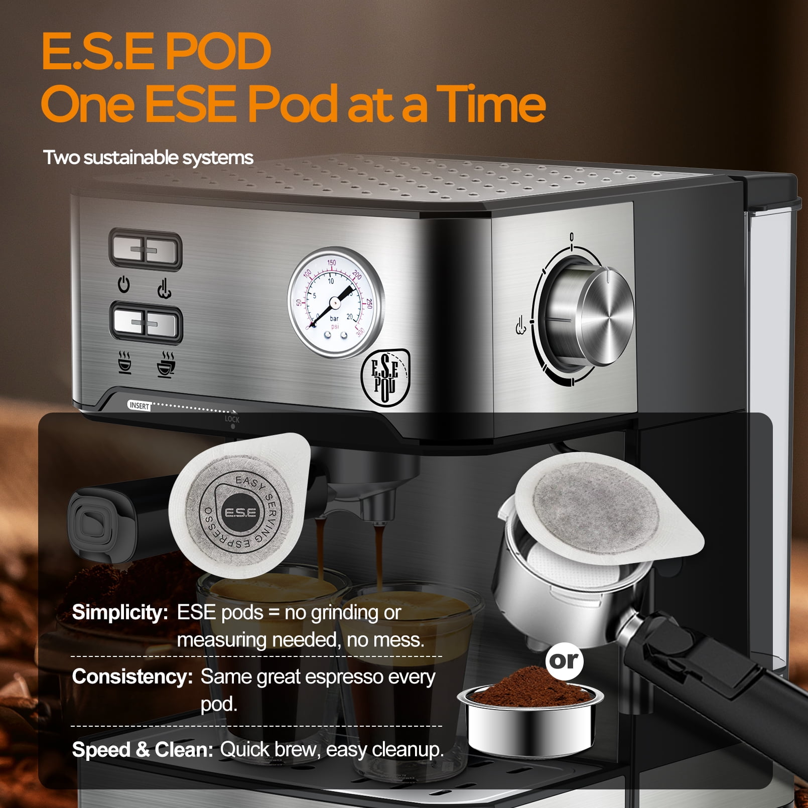 Plum Chef 20 Bar Espresso Machine with Built-in Pressure Gauge, Professional Coffee Maker for Cappuccino & Latte, ESE POD Compatible, 1.5L Water Tank, Stainless Steel, 950W