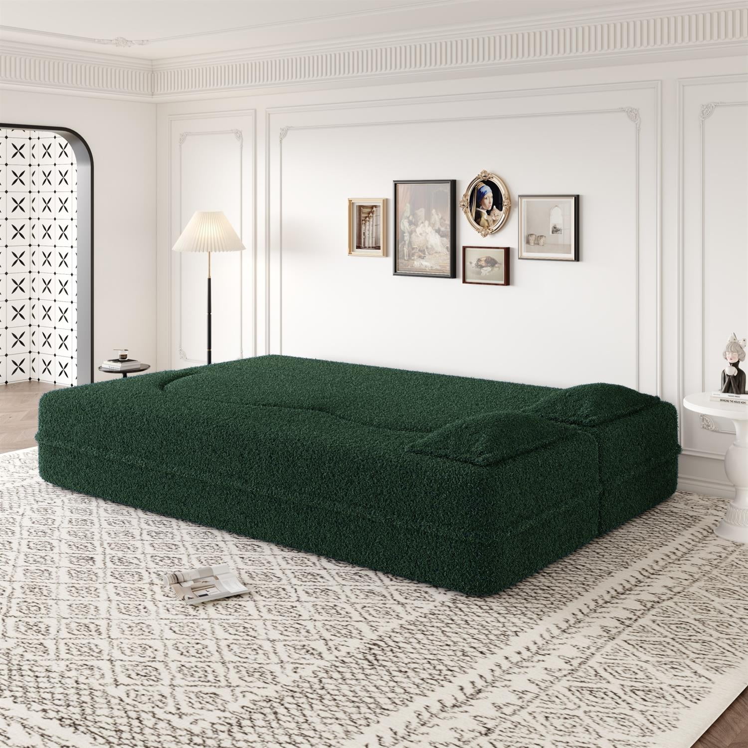 Demi Bonn 78" Modern Floor Sofa Bed with 2 Pillows, Convertible Teddy Fabric Full Size 15" Foam Mattress, No Assembly, Stylish Sleeper Couch for Living Room, Green