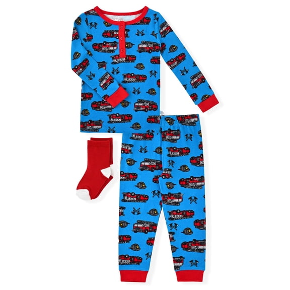 Sleep On It Infant & Toddler Boys 2-Piece Super Soft Jersey Snug-Fit Pajama Set with Matching Socks - Fire Trucks , 3T