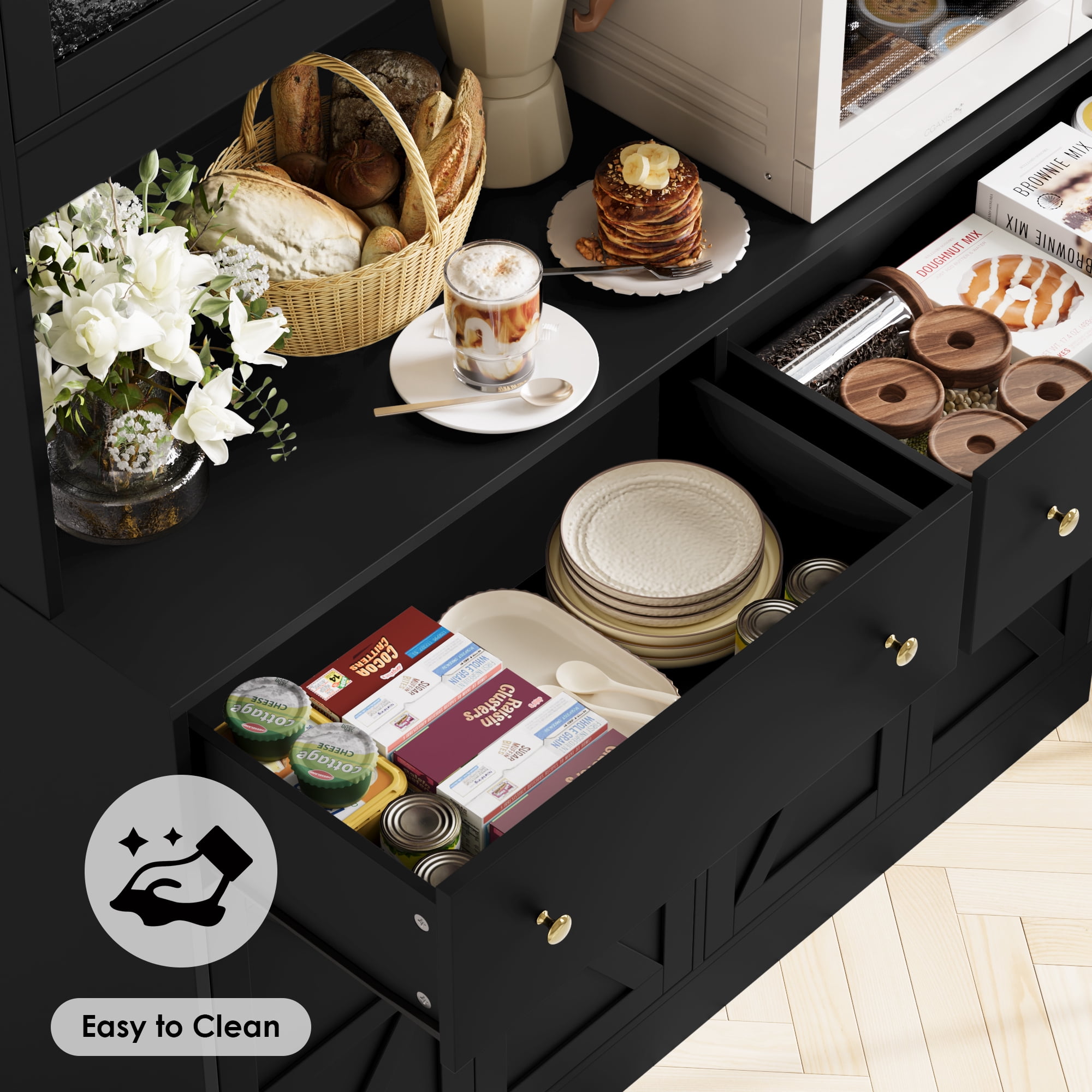 Homfa 8 Door Kitchen Pantry Cabinet with 2 Drawer, 71" LED Buffet Cabinet with & Charging Station & USB Port, Black