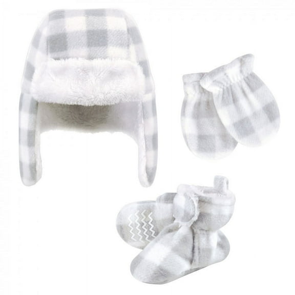 Hudson Baby Unisex Baby Trapper Hat, Mitten and Bootie Set, Gray White Plaid, 0-6 Months