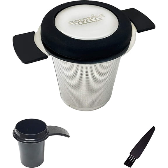 GoldTone Stainless Steel Tea Filter, Tea Infuser Strainer with Silicone Handle and Silicone Drip Tray Lid, Tea or Coffee Filter, Includes 1 OZ Scoop And Micro Cleaning Brush (Silver)