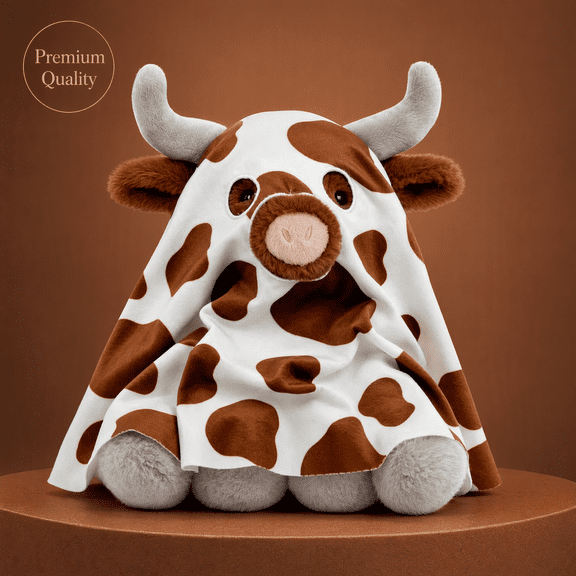 Holiday Spotted Longhorn Cow Ghost Plush Toy, 11" Fluffy Highland Cow Stuffed Animal, Fun Ghost‑Themed Cow Plush for Halloween Party Decoration, Table Ornament & Holiday Present