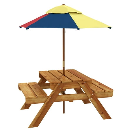 Kids 3-in-1 Sensory Table with Umbrella - Water & Sand Table, Picnic Bench Set for Toddlers, Teak Finish, Ages 3-6
