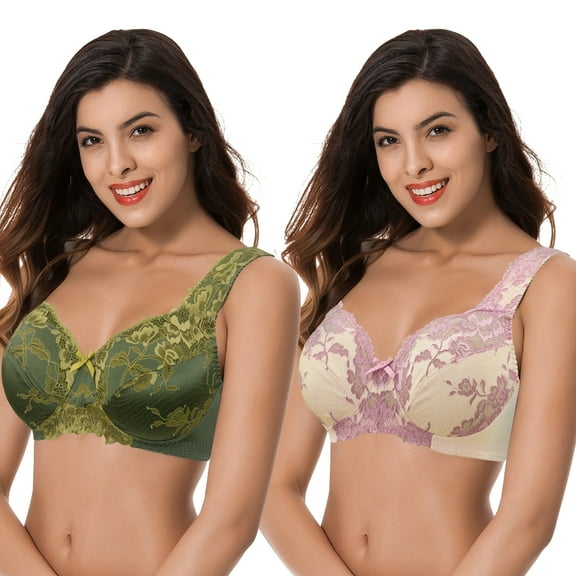 Curve Muse Women's Plus Size Minimizer Unlined Wireless Lace Full Coverage Bras-2Pack-DEEP LICHEN GREEN,NUDE-34B