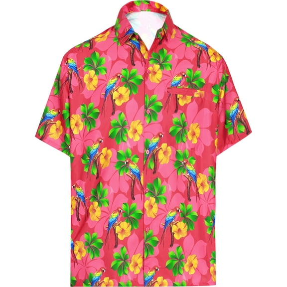 HAPPY BAY Men's Hawaiian Shirt Aloha Casual Short Sleeve Button Down Beach Shirts for Men Summer M Flower Parrot, Pink Vacation Party