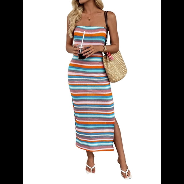 Vestido Maxi de Punto Sin Tirantes para Mujer, con Parte Delantera , Sin Mangas, Tubo, Espalda Descubierta, Ajustado, con Abertura, Vestido de Verano Azul XL