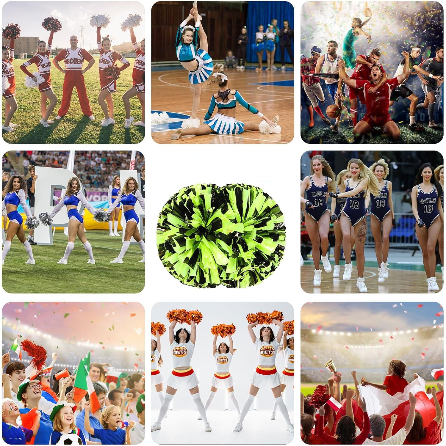 8 Pack Cheerleading pom poms,Handheld Cheer pom poms, Sports Cheer Plastic Pom Poms Cheerleading for Sports Team Spirit Cheering (Black+Green)