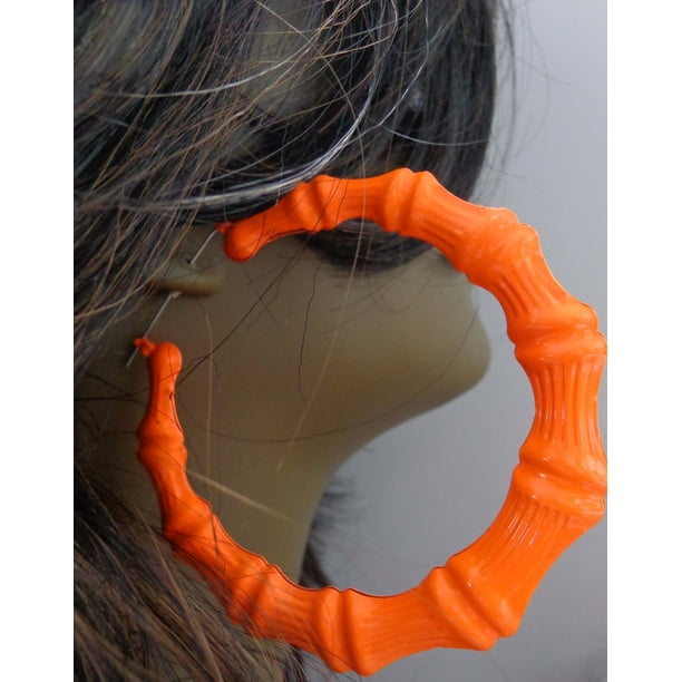 Large Orange Bamboo Hoop Earrings Bright Neon Orange Hoops 3.5 inch Walmart Business Supplies