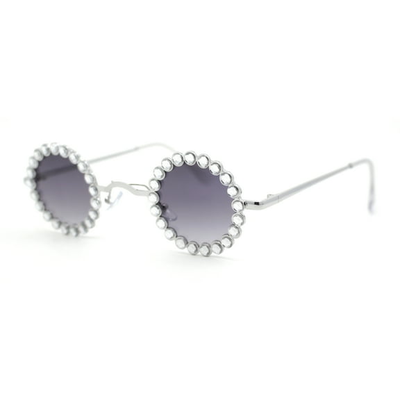 Large Rhinestone Rim Micro Small Hippie Round Circle Lens Metal Sunglasses Silver - Smoke