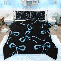 jejeloiu Kawaii Bowtie Queen Comforter Set,Cute Bowknot Bedding Sets,Blue Black Bedding Comforter Set For Girls Teens,Luxury Bedroom Decor Reversible,3pcs