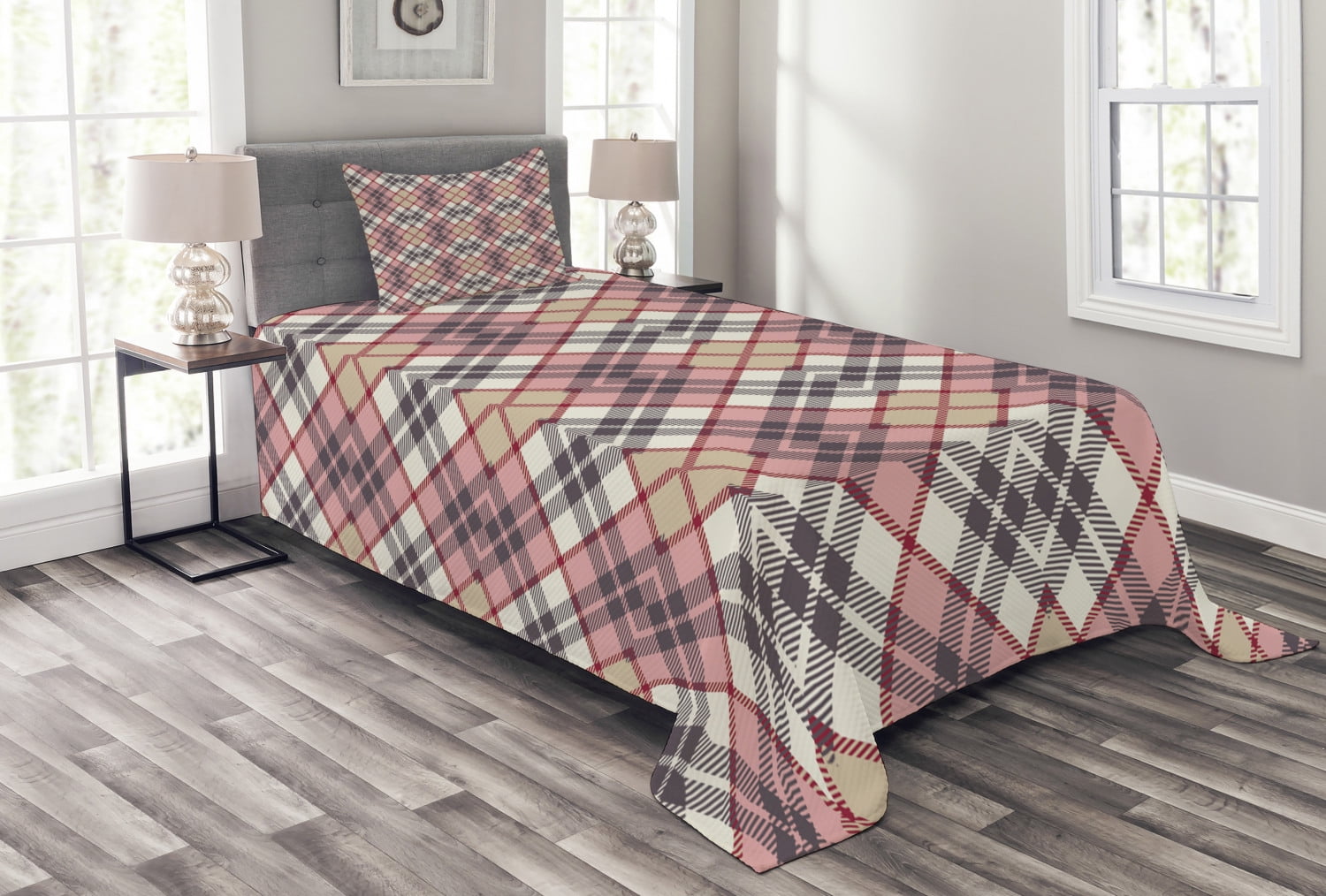 Abstract Bedspread Set Twin Size, Irish Vintage Fashion Tartan Motif