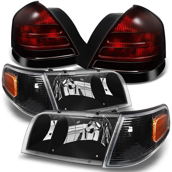 AKKON - For Ford Crown Victoria Black Headlights Repalcement Pair   Dark Red 2 Bulb Socket Tail Lights Combo Set