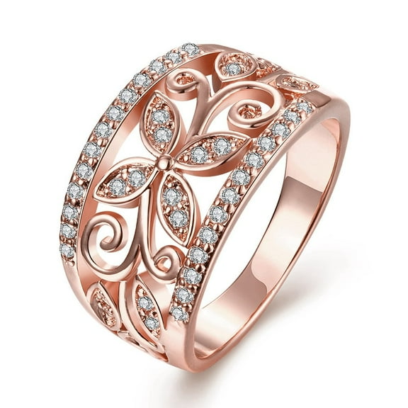 Uloveido Cocktail, Cubic Zirconia Flower Butterfly Ring, Rose Gold-Plated