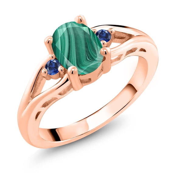 Gem Stone King 18K Rose Gold Plated Silver Green Malachite and Blue Created Sapphire 3 Stone Engagement Ring for Women | 2.09 Cttw | Oval 8X6MM | Round 2MM | Gemstone Birthstone | Size 7