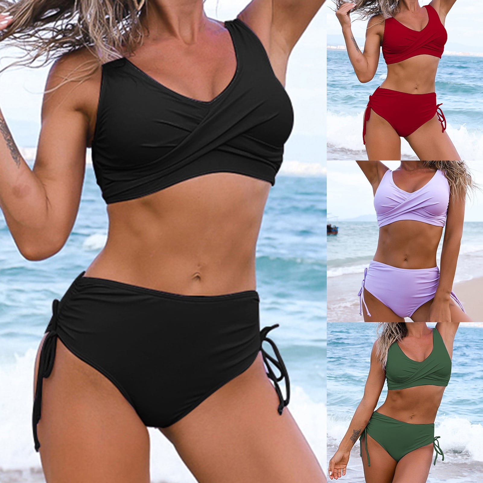 Koszal High Waist Solid Color Two Piece Women Padded Bra Panties Bikini Set Swimsuit Bathing Suit for Swimming Walmart
