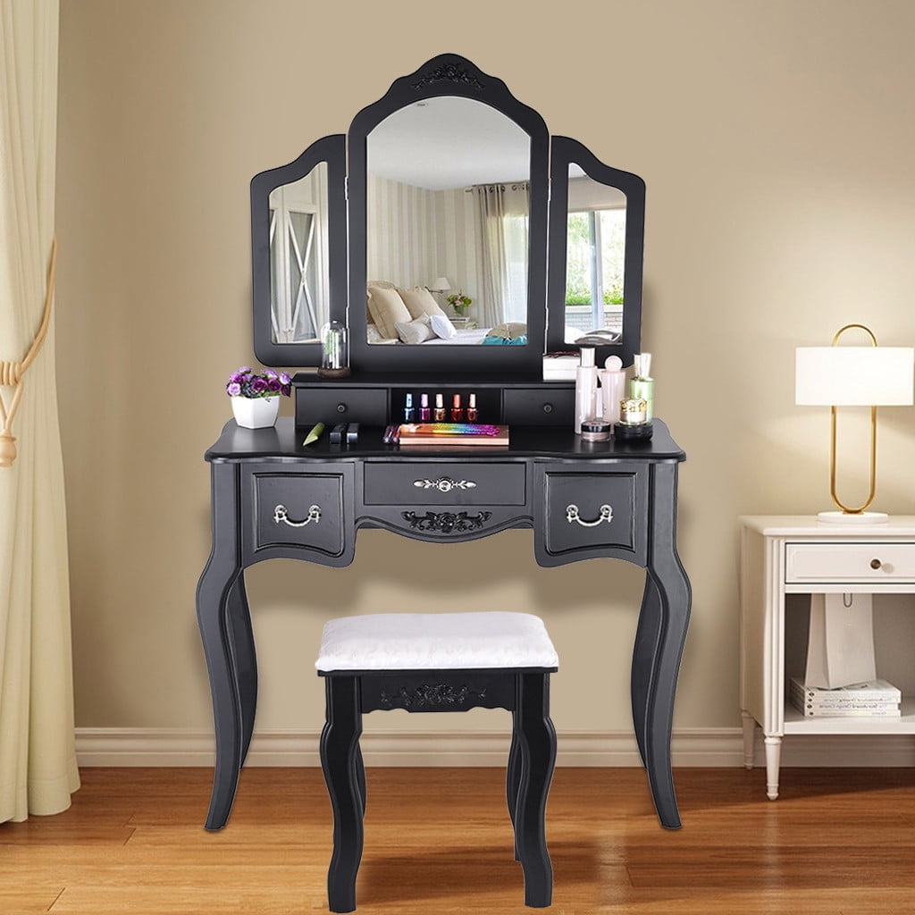 Vanity Beauty Station Makeup Table With 3 Mirrors And 5 Drawers Set Black Walmart Com Walmart Com