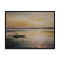 Designart 'Pastel Boat Sunset Over The Lake' Nautical & Coastal Framed Canvas Wall Art Print