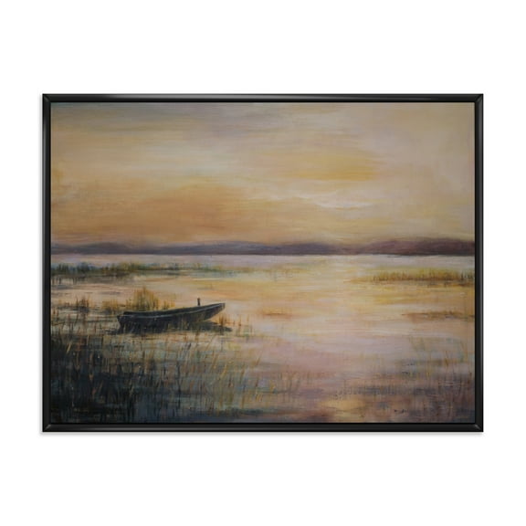 Designart 'Pastel Boat Sunset Over The Lake' Nautical & Coastal Framed Canvas Wall Art Print