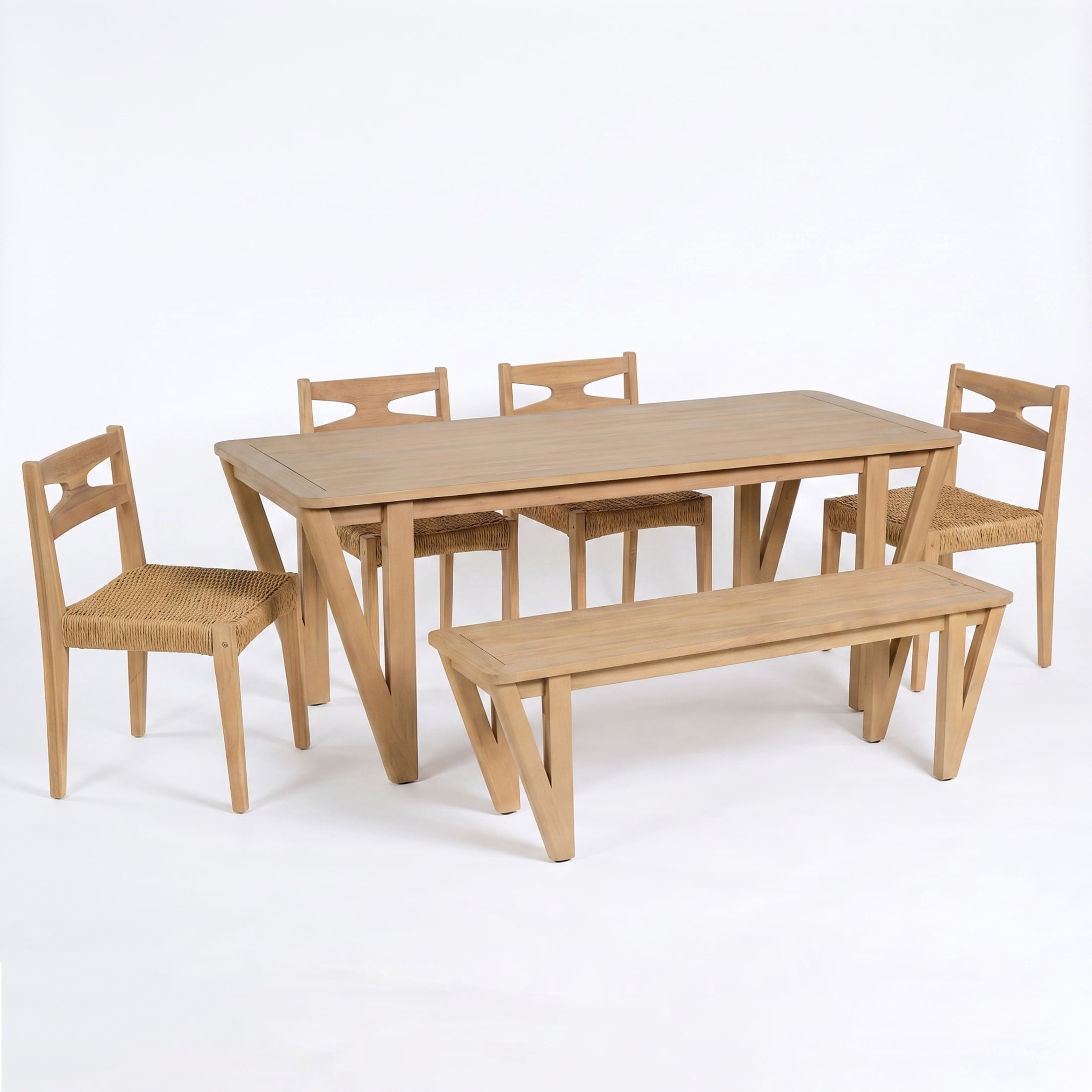 Christopher Knight Home 6-Piece Wood Outdoor Dining Set with Chairs, Bench and Table, Light Teak