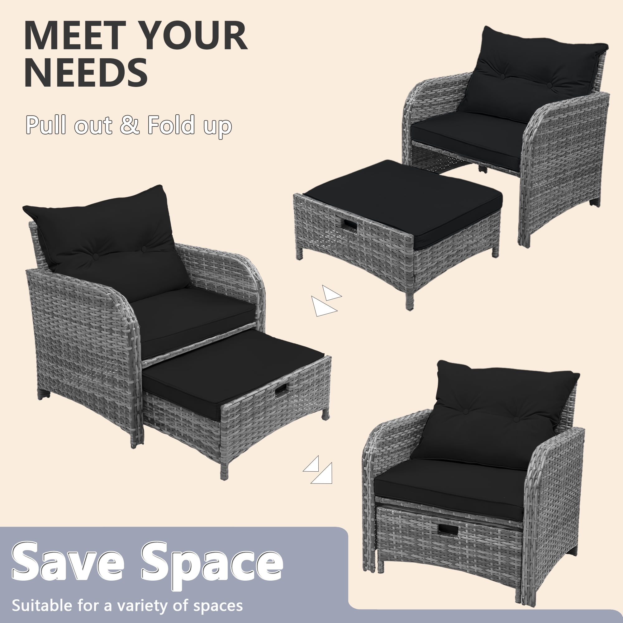 5 Piece Rattan Outdoor Patio Furniture Set, 5 Pieces Wicker Outdoor Patio Chairs Set with Ottoman, Black