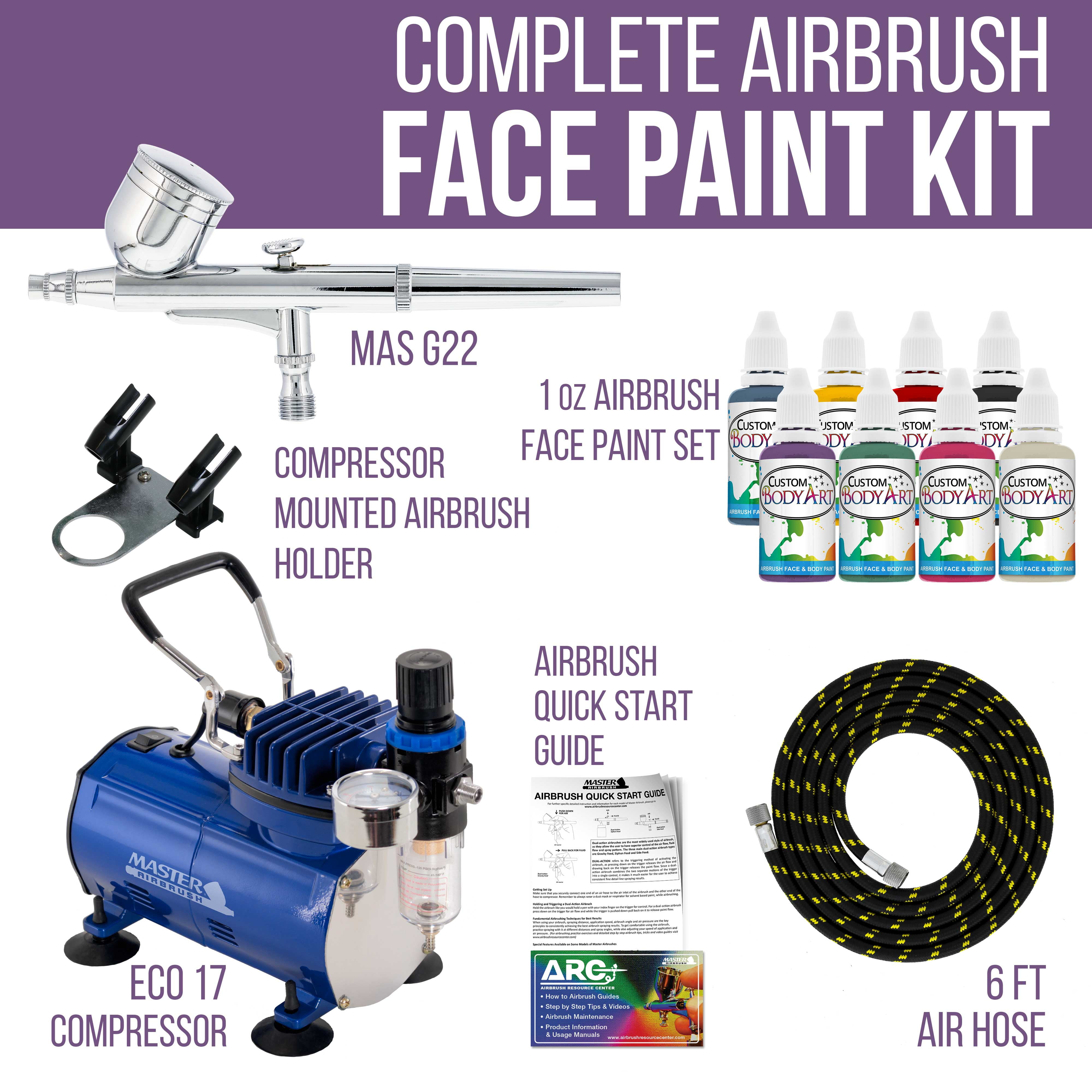 Professional Face & Body Art Airbrush Kit with G22 Airbrush, Master Compressor TC-20, Air Hose & 8 Custom Body Art Colors